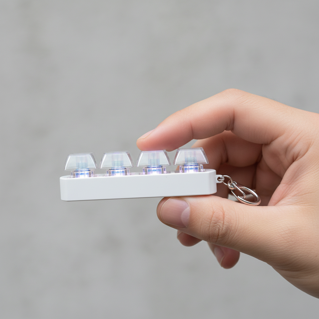 Hand holding white DrawuBuddy ClickChain with 4 keys